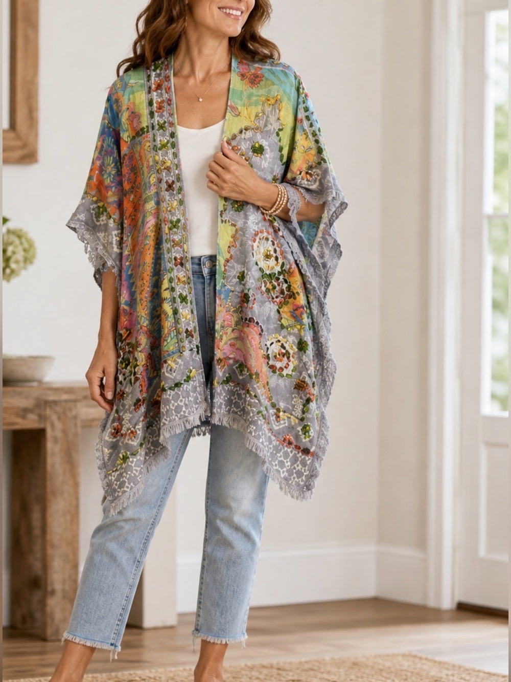 Soft Surrounding Embroidered Boho Kimono Floral Trim Artsy Shabby Chic Duster OS